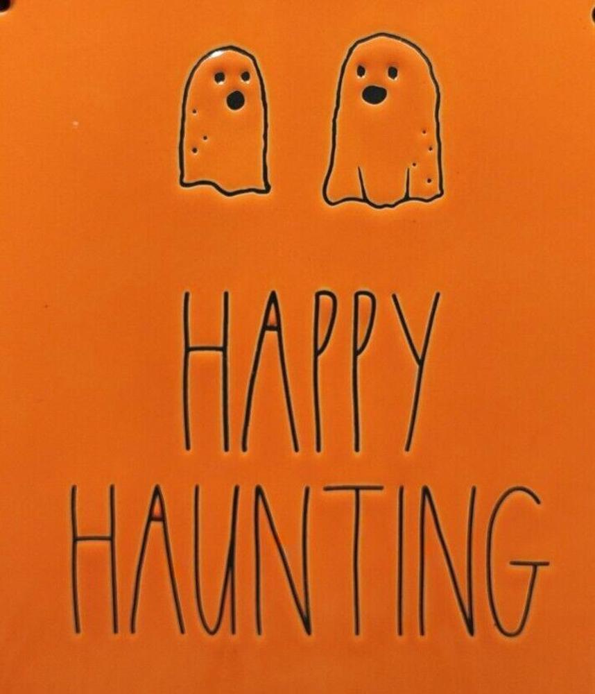 Rae Dunn Halloween Wall Hanging Plaque "Happy Haunting" Orange Black Ghosts